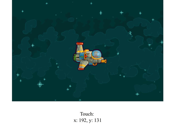 Touch-Steuerungen für das Schiff des Spielers, mit sichtbarer Ausgabe der x- und y-Position.