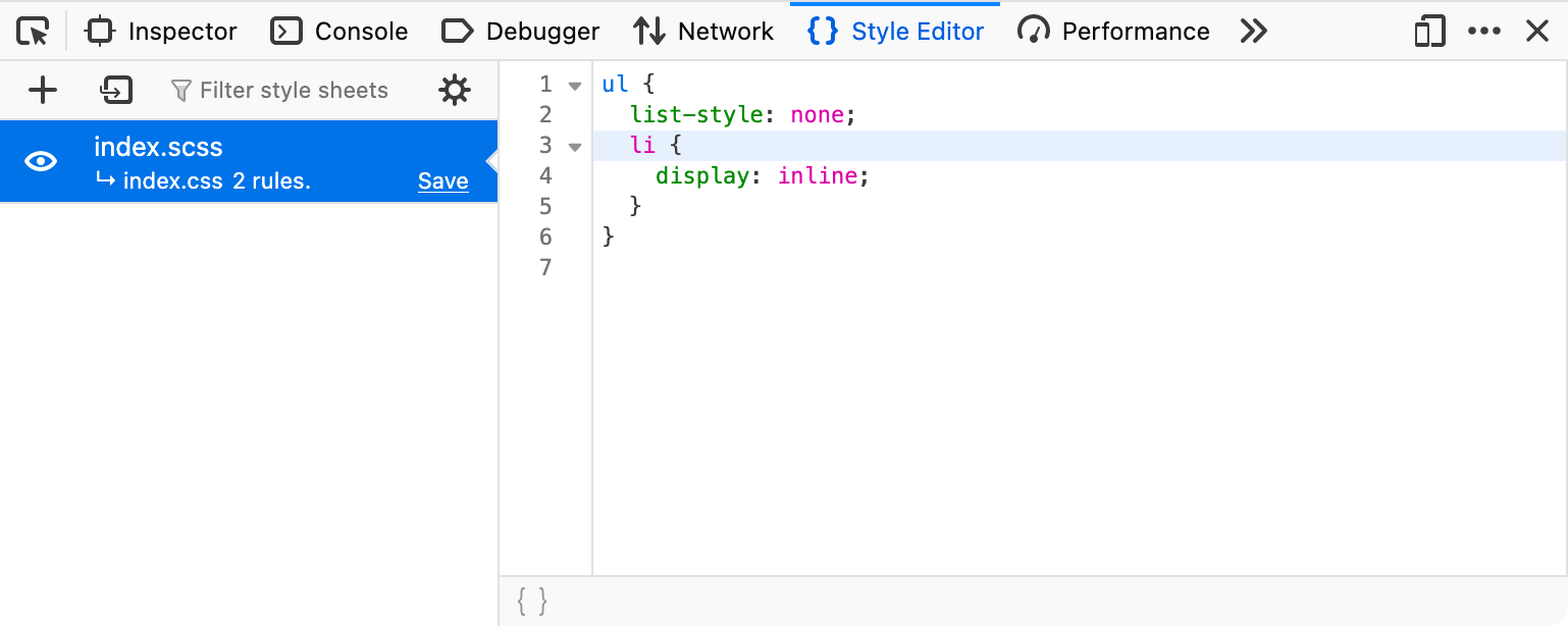 Firefox DevTools mit der index.scss-Datei im Style-Editor geöffnet. Der Editor fokussiert die dritte Zeile des Quellcodes im SCSS-Format mit Verschachtelung.