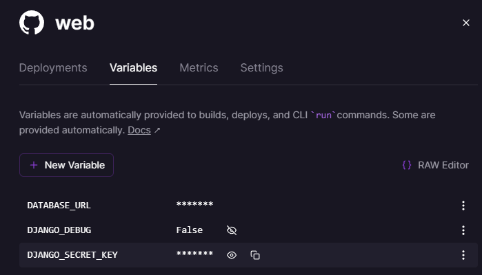 Railway Bildschirm zeigt alle Projektvariablen an