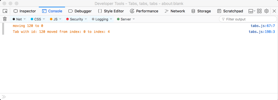 Beispiel für die console.log-Ausgabe, von der Verschieben-Tabs-Funktion, in der Debugging-Konsole