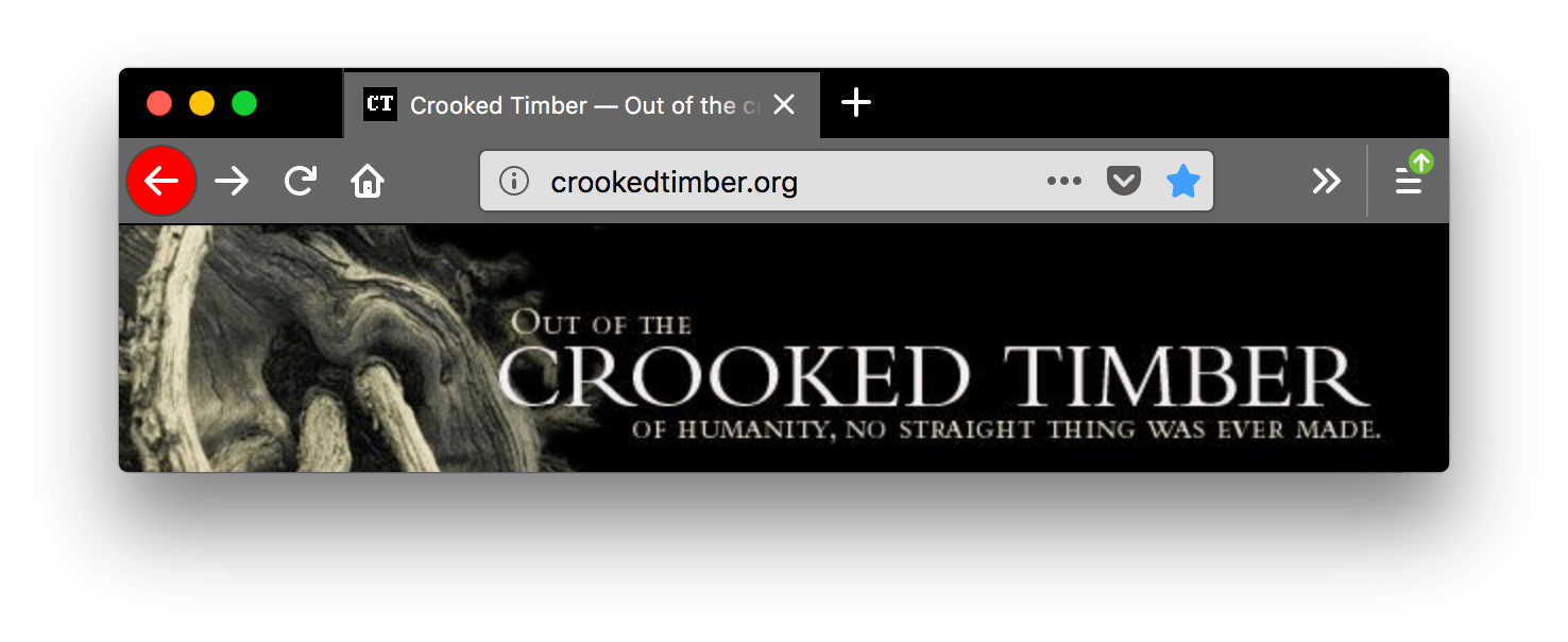 Browser Firefox ist schwarz. Die Tabs und die URL-Leiste des Browsers sind grau mit weißem Text. Das Icon 'Seite zurück' ist weiß mit einem roten Kreis als Hintergrund.