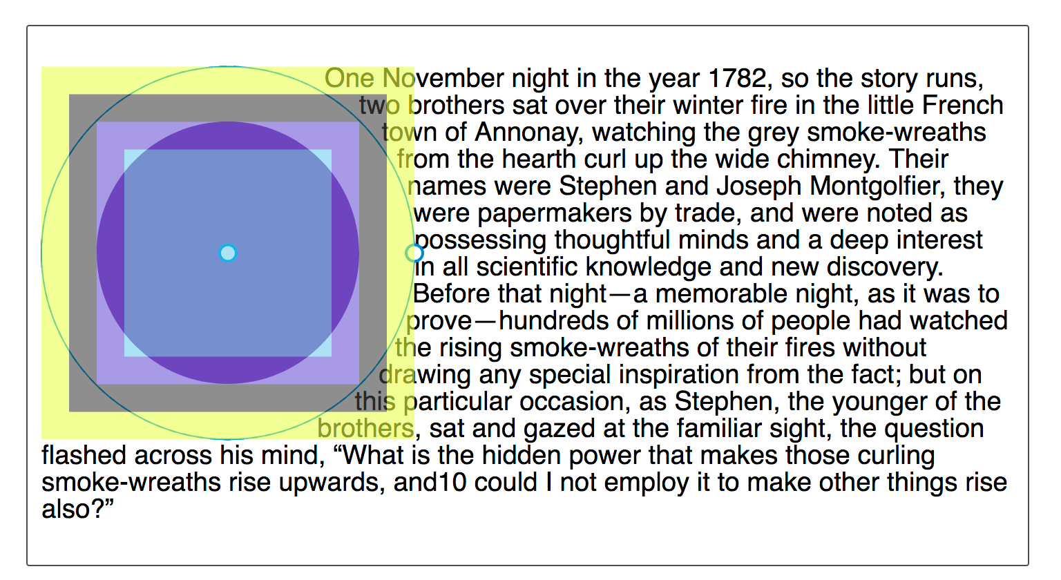 Ein Bild, das einen mit dem Firefox DevTools Shape Inspector inspizierten Kreis zeigt. Die verschiedenen Teile des Box-Modells sind hervorgehoben.