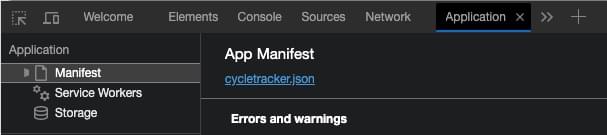In den Entwicklertools enthält das linke Panel Links zum Manifest. Auf der rechten Seite steht App-Manifest, mit dem Dateinamen als Link zur JSON-Datei.