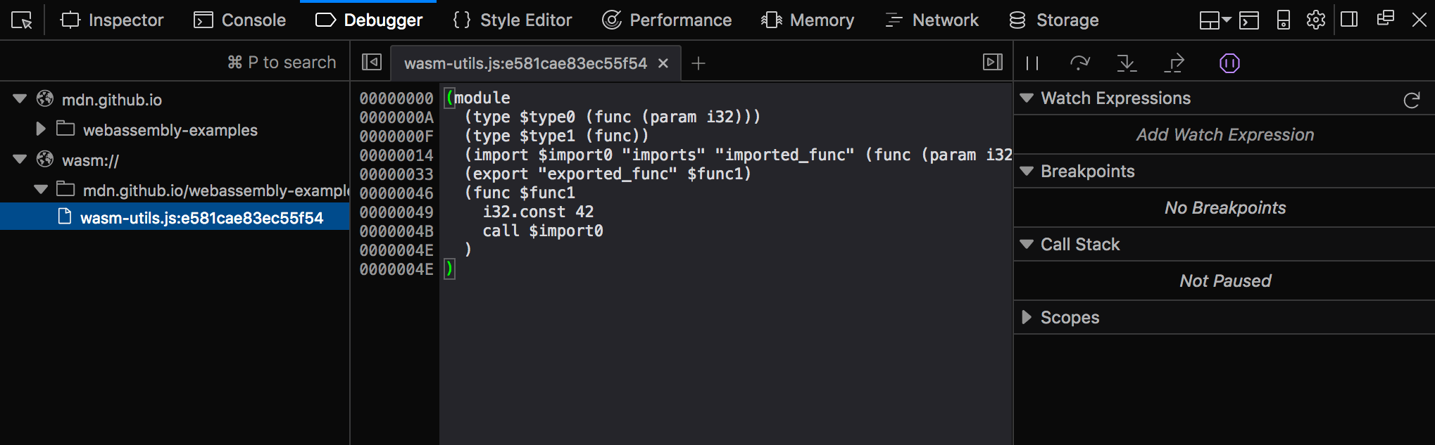 Entwicklerwerkzeuge-Debugger-Panel hebt ein Modul hervor.