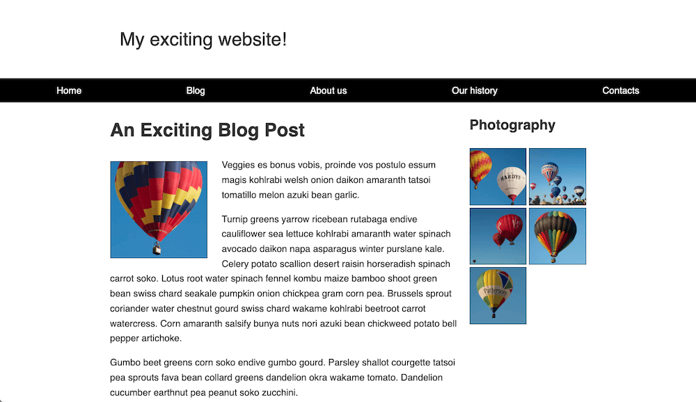 完成了布局任务的网站。这些元素被整齐地排列着。有一个网站标题，上面是一个黑色的导航条，包含 5 个等距的链接。在导航栏下面，有两个部分。在左边有一篇博客文章。博文标题后面是博文内容。博客内容环绕着一张照片，照片在左边平齐。在右边有一个“photography”标题，图片以两张图片宽度的栅格大小排列。