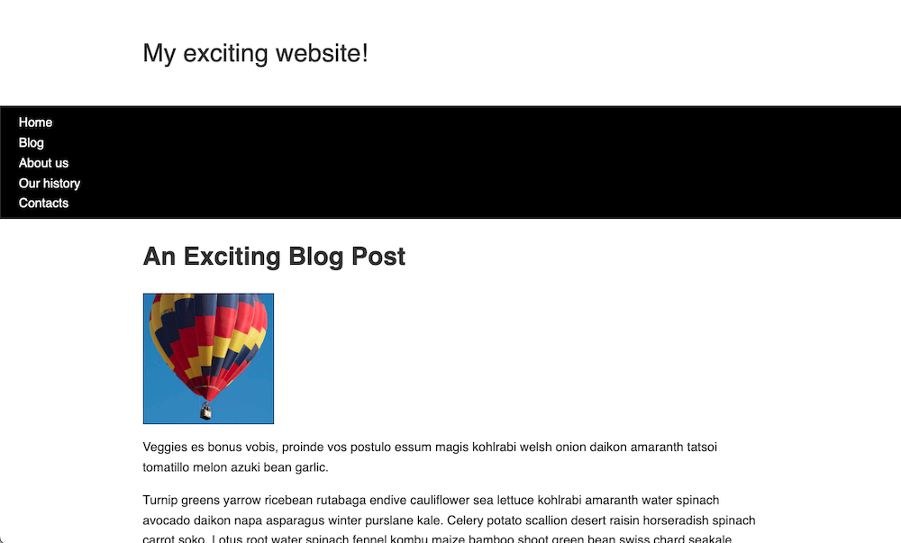 布局任务的起点。这些元素没有被整齐地排列。有一个网站的标题，上面是一个黑色的导航条，有 5 个链接平齐在左边，后面是博客文章的标题和文章内容。在博客标题和博客内容之间，有一张照片是平齐在左边。