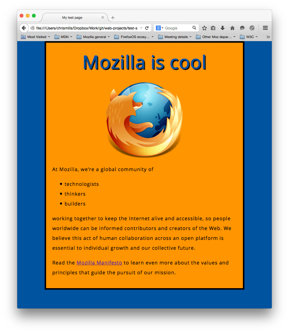 一个居中的 Mozilla 的标志,还有一个页眉和段落。现在它看起来很有风格,整个页面的背景是蓝色的,居中的主要内容条是橙色的背景