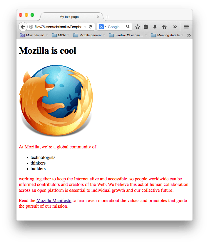 一个 Mozilla 标志和一些段落,段落文字通过 css 设置为红色