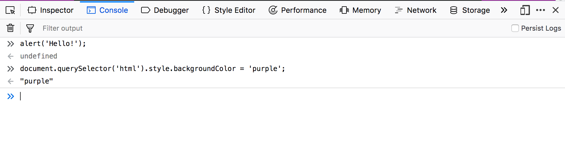 浏览器开发者工具的控制台选项卡。已在控制台中执行了两个 JavaScript 函数。用户输入了这些函数，并且控制台显示了它们的返回值。